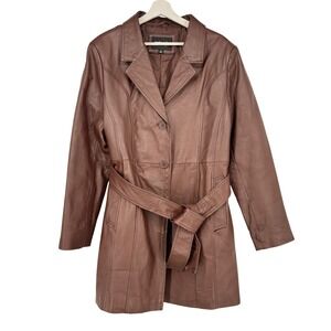 Metrostyle Women's Brown Leather Belted Trench Coat Size 18